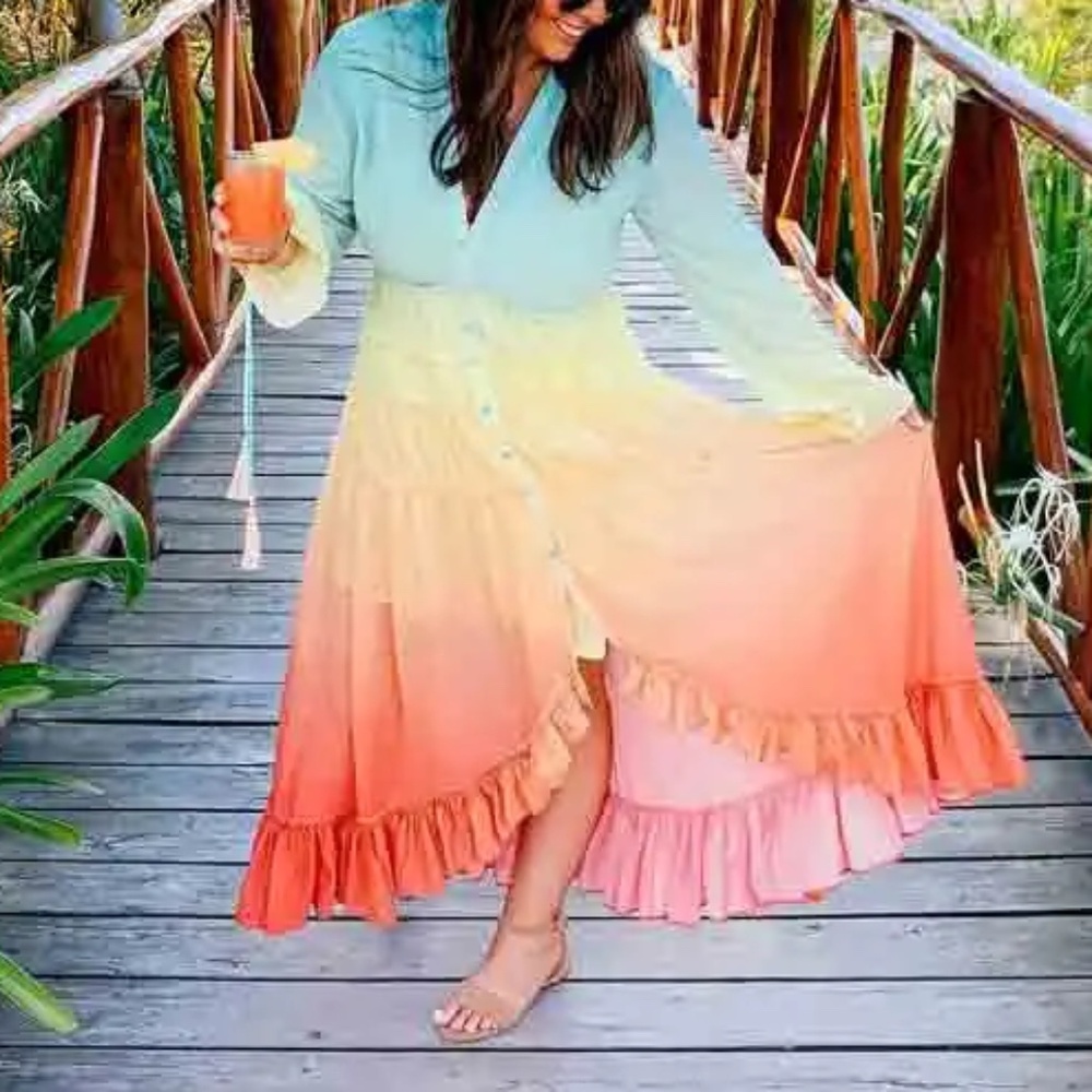 Boho Rainbow Ruffle High Low Button Kimono Maxi Dress - Picture 6 of 9
